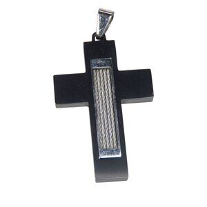 Inox Stainless Steel Black Cross Pendant with Polished Accents and Cable Center
